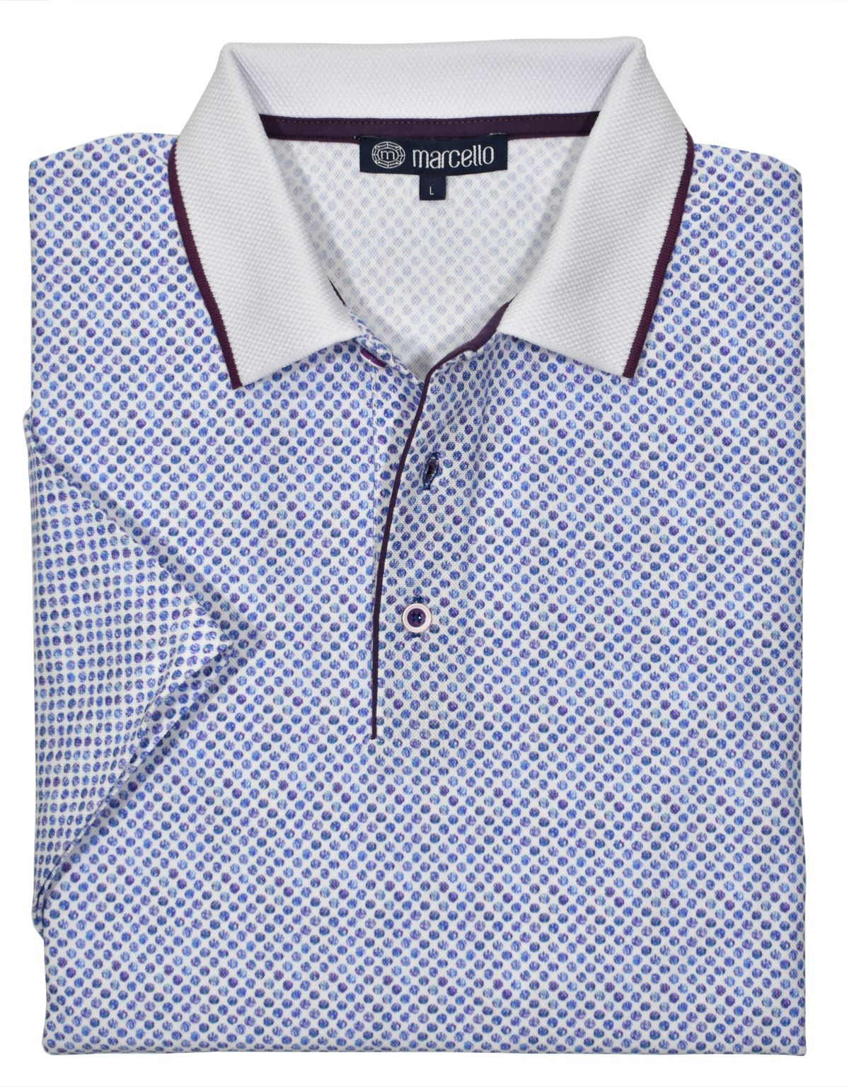This ultra soft cotton pique polo looks timeless and feels lightweight. Its soft circular shaded plum neat pattern, contrast trim fabric, open sleeves and custom buttons make it unique and stylish. Enjoy its classic fit and timeless look.
