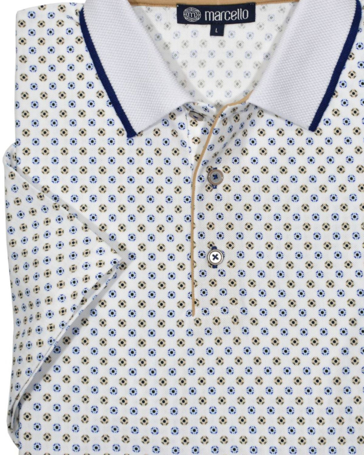 This ultra soft cotton pique polo looks timeless and feels lightweight. Its soft circular clear print blue and tan pattern, contrast trim fabric, open sleeves and custom buttons make it unique and stylish. Enjoy its classic fit and timeless look.