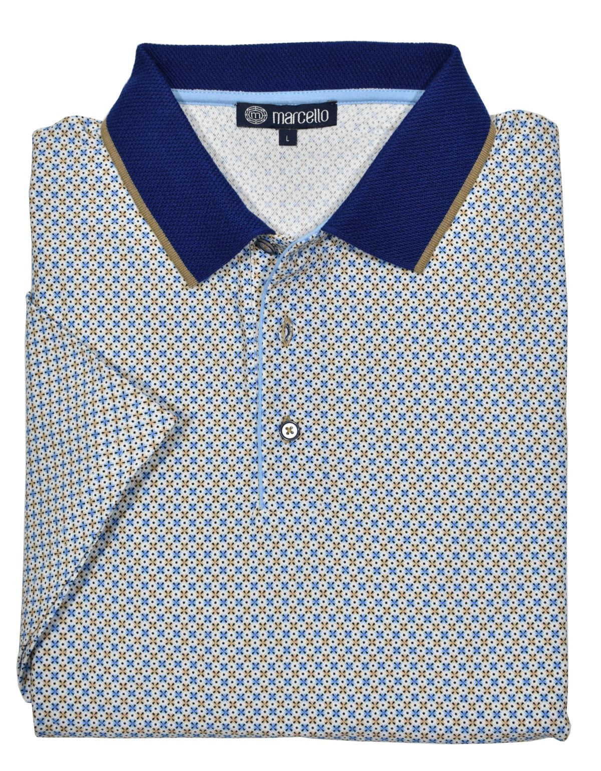 This ultra soft cotton pique polo looks timeless and feels lightweight. Its fine circular  print blue and tan pattern, contrast trim fabric, open sleeves and custom buttons make it unique and stylish. Enjoy its classic fit and timeless look.