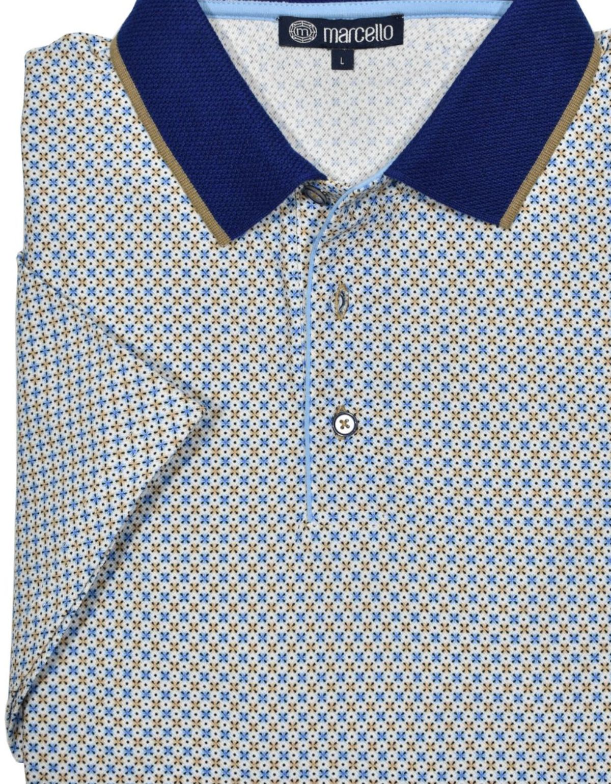 This ultra soft cotton pique polo looks timeless and feels lightweight. Its fine circular  print blue and tan pattern, contrast trim fabric, open sleeves and custom buttons make it unique and stylish. Enjoy its classic fit and timeless look.