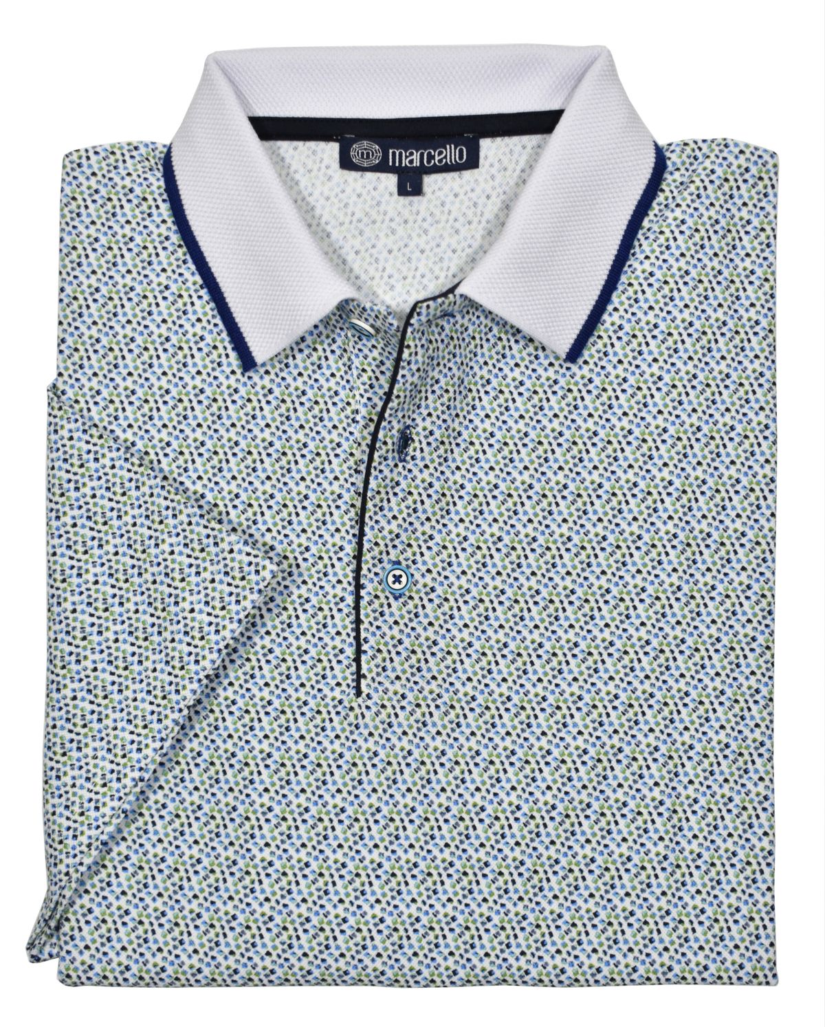 This ultra soft cotton pique polo looks timeless and feels lightweight. Its neat olive and navy abstract pattern, contrast trim fabric, open sleeves and custom buttons make it unique and stylish. Enjoy its classic fit and timeless look.