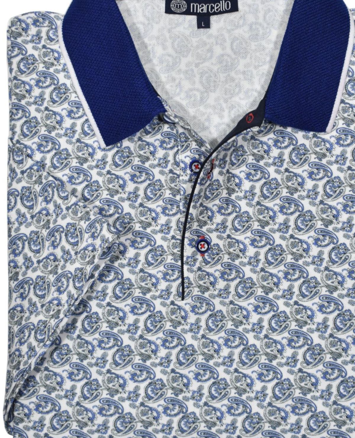 This ultra soft cotton pique polo looks timeless and feels lightweight. Its warm indigo paisley pattern, contrast trim fabric, open sleeves and custom buttons make it unique and stylish. Enjoy its classic fit and timeless look.