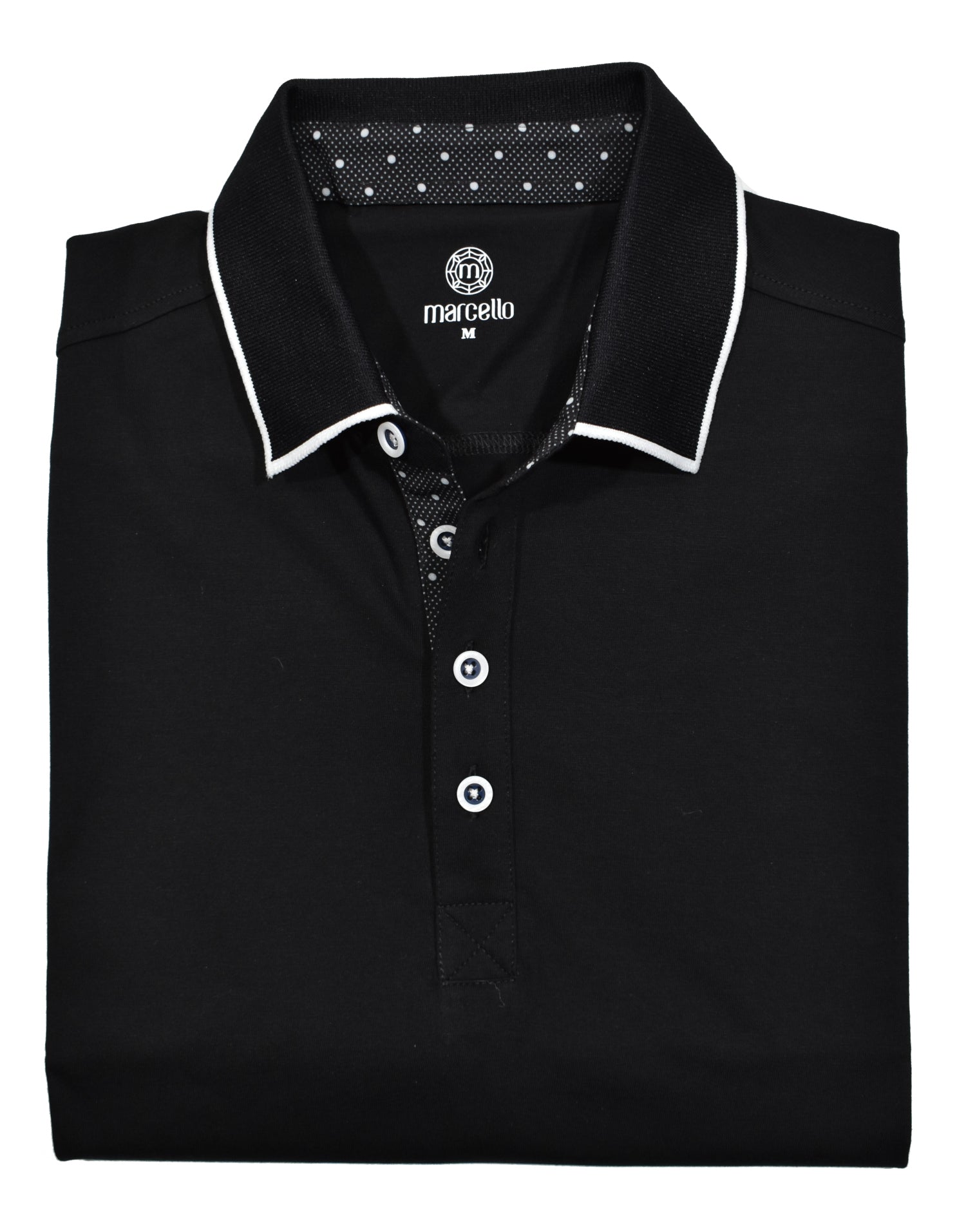 The soft cotton with a touch of lycra in a classic, yet rich polo model is sure to be an easy addition to any wardrobe. Black polo by Marcello.