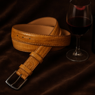 Marcello leather camel color croc stamped belt.