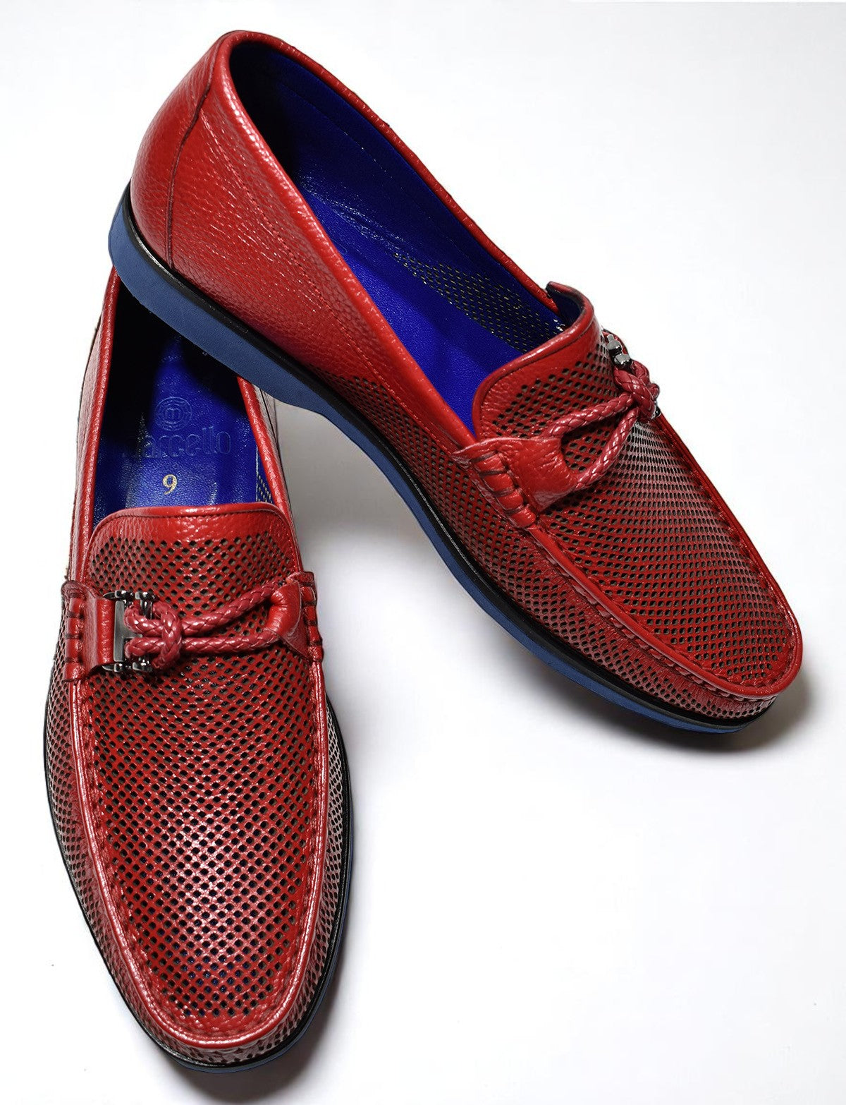 Elevate your style with our S002 Red Leather Perforated loafers. 