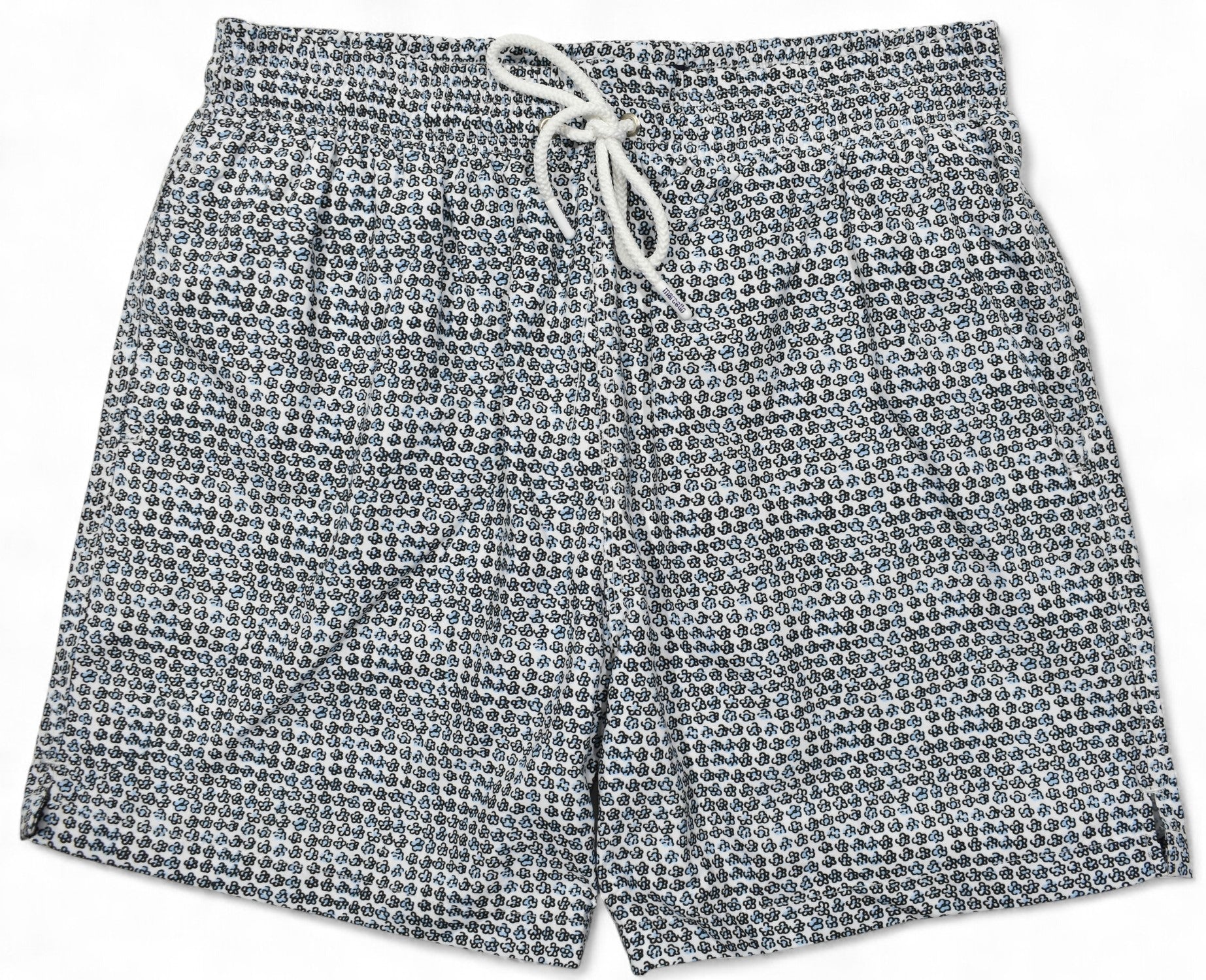 Marcello patterned shorts with a drawstring on a white background