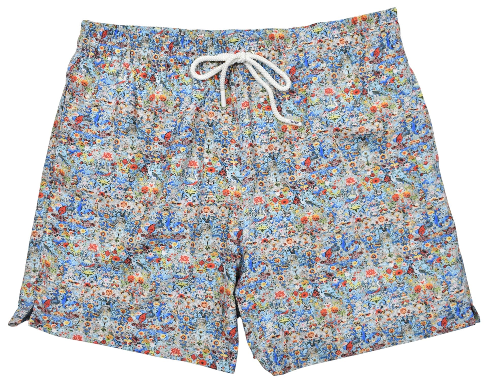 Floral patterned shorts with a drawstring on a white background by Marcello