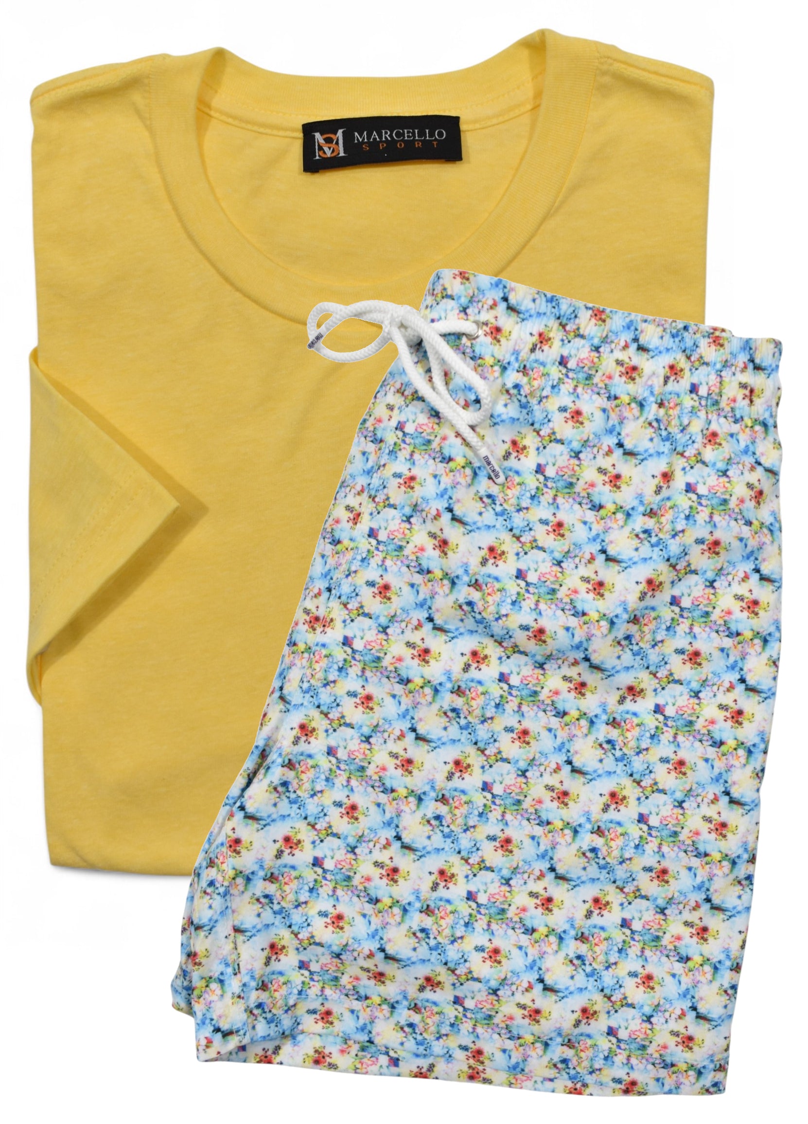 Marcello yellow shirt and floral swim short with 'Marcello' label on a white background