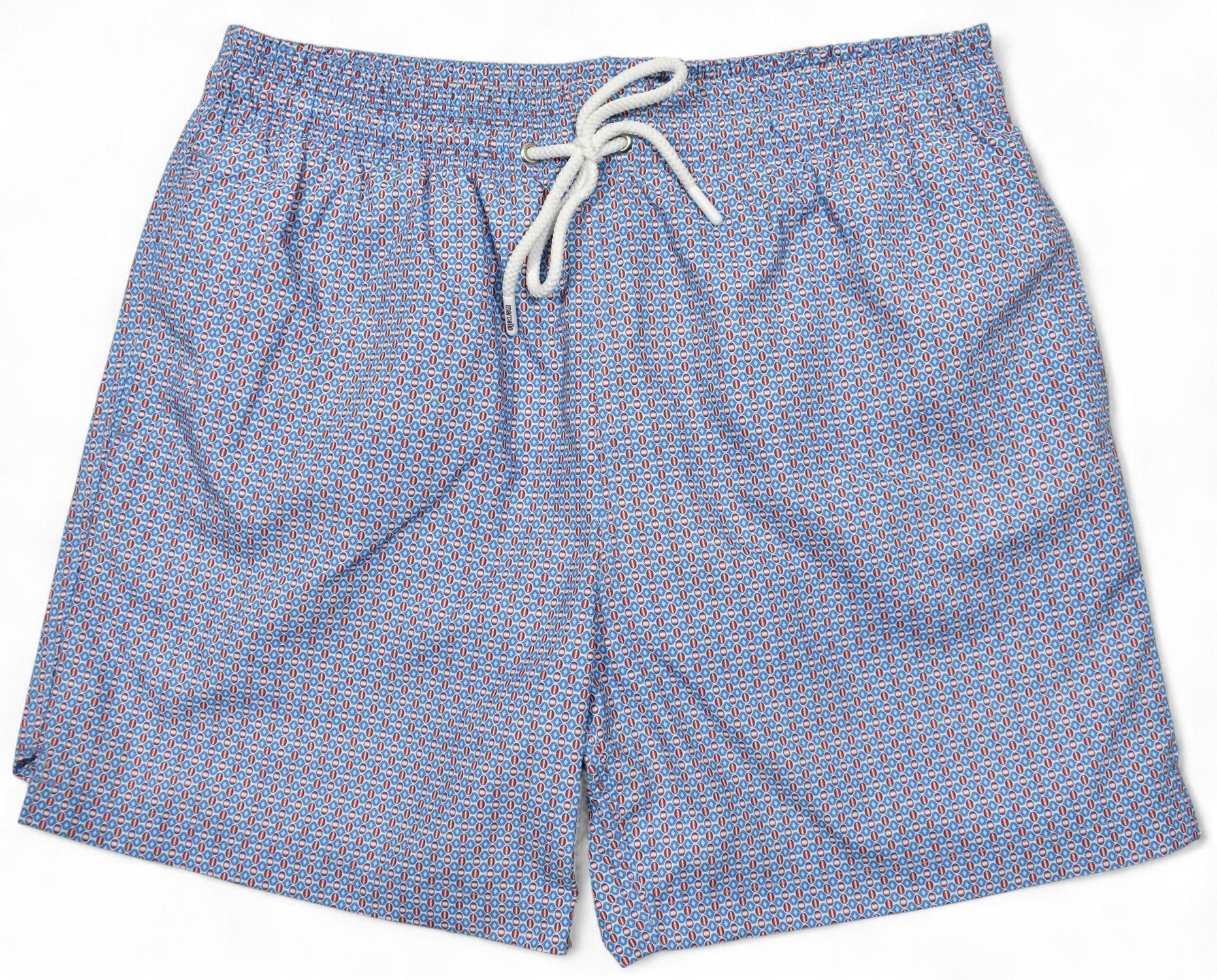 Marcello blue patterned shorts with a drawstring on a white background