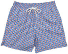 Marcello blue and orange patterned shorts with a white drawstring on a white background