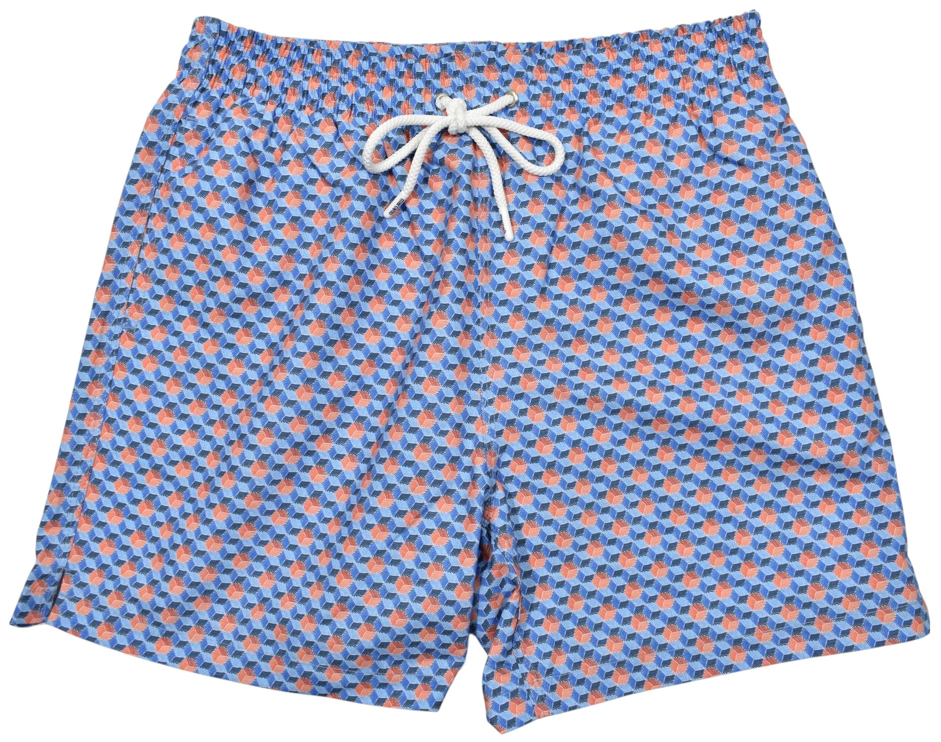 Marcello blue and orange patterned shorts with a white drawstring on a white background