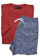 Marcello red t-shirt and blue checkered shorts on a white background with Marcello label.