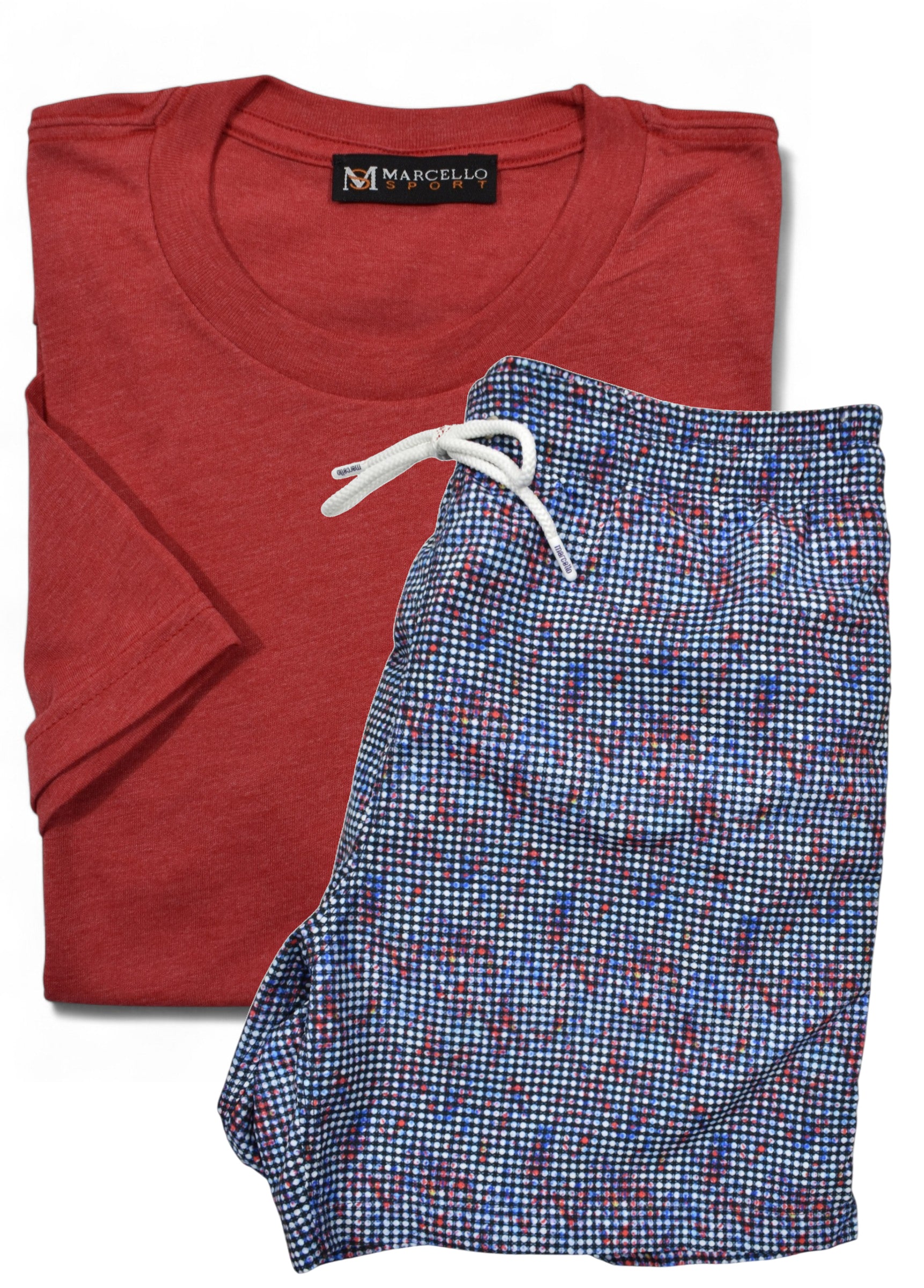 Marcello red t-shirt and blue checkered shorts on a white background with Marcello label.