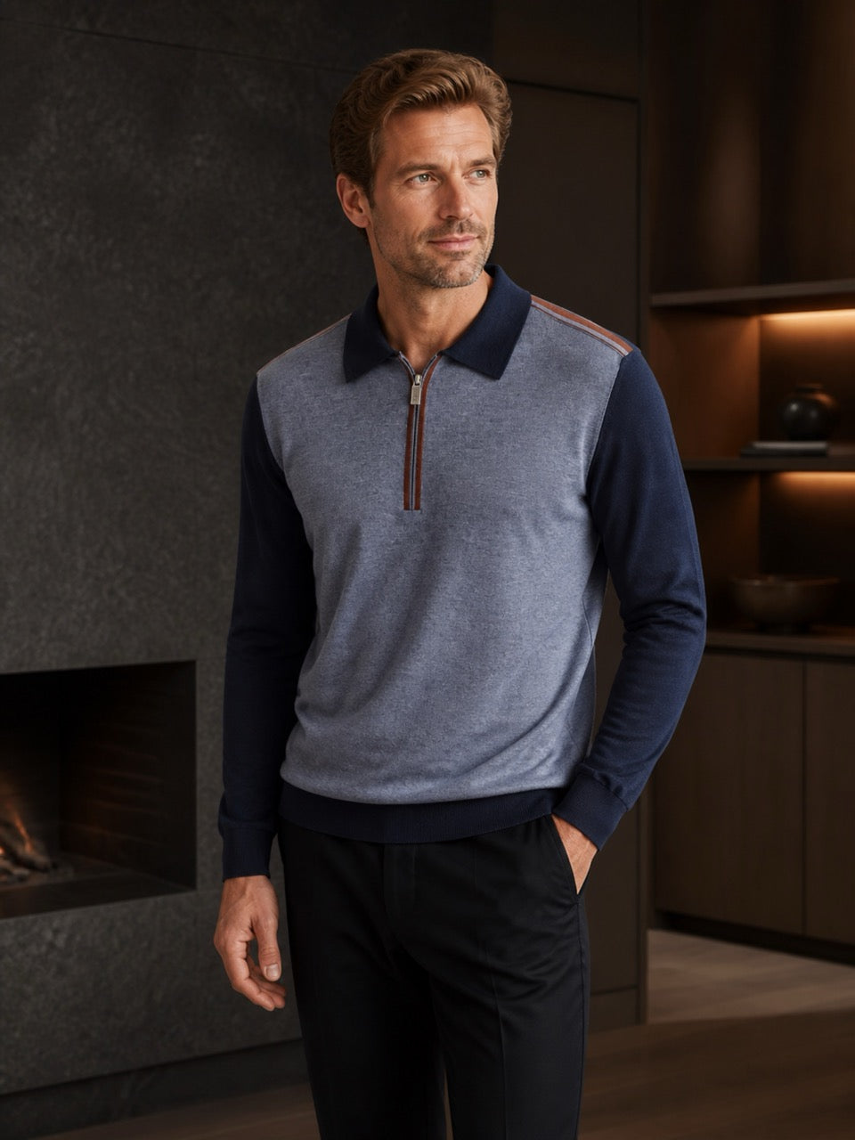 Merino Wool Engineered Zip Polo by Marcello