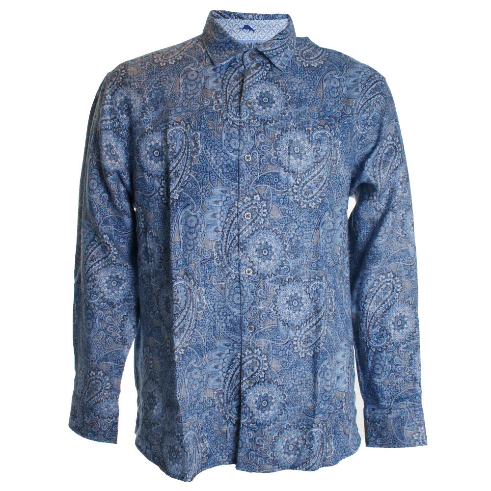 Blue paisley patterned shirt on a white background