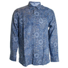 Blue paisley patterned shirt on a white background