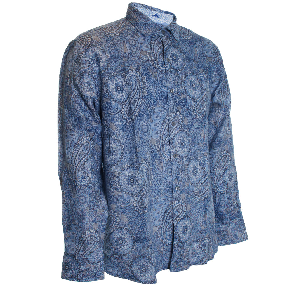 Blue paisley patterned shirt on a white background