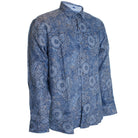 Blue paisley patterned shirt on a white background