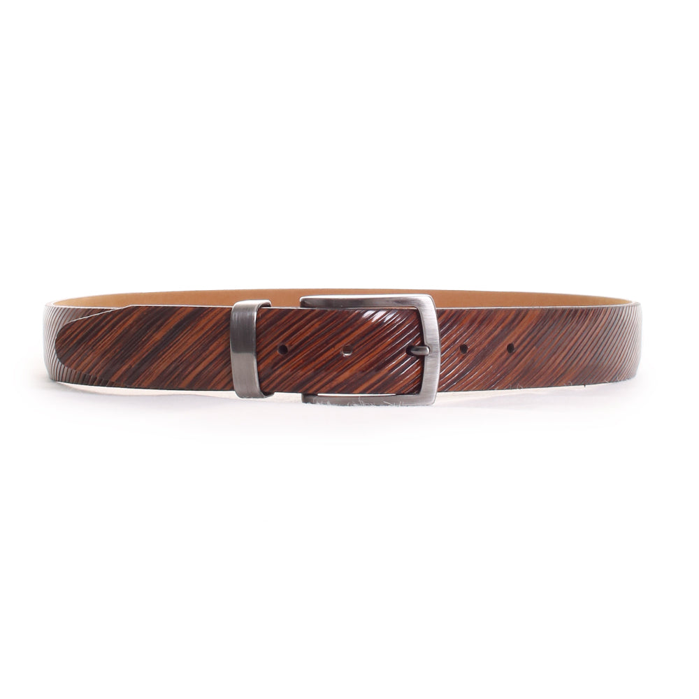 Diagonal shades of brown in a soft leather belt.