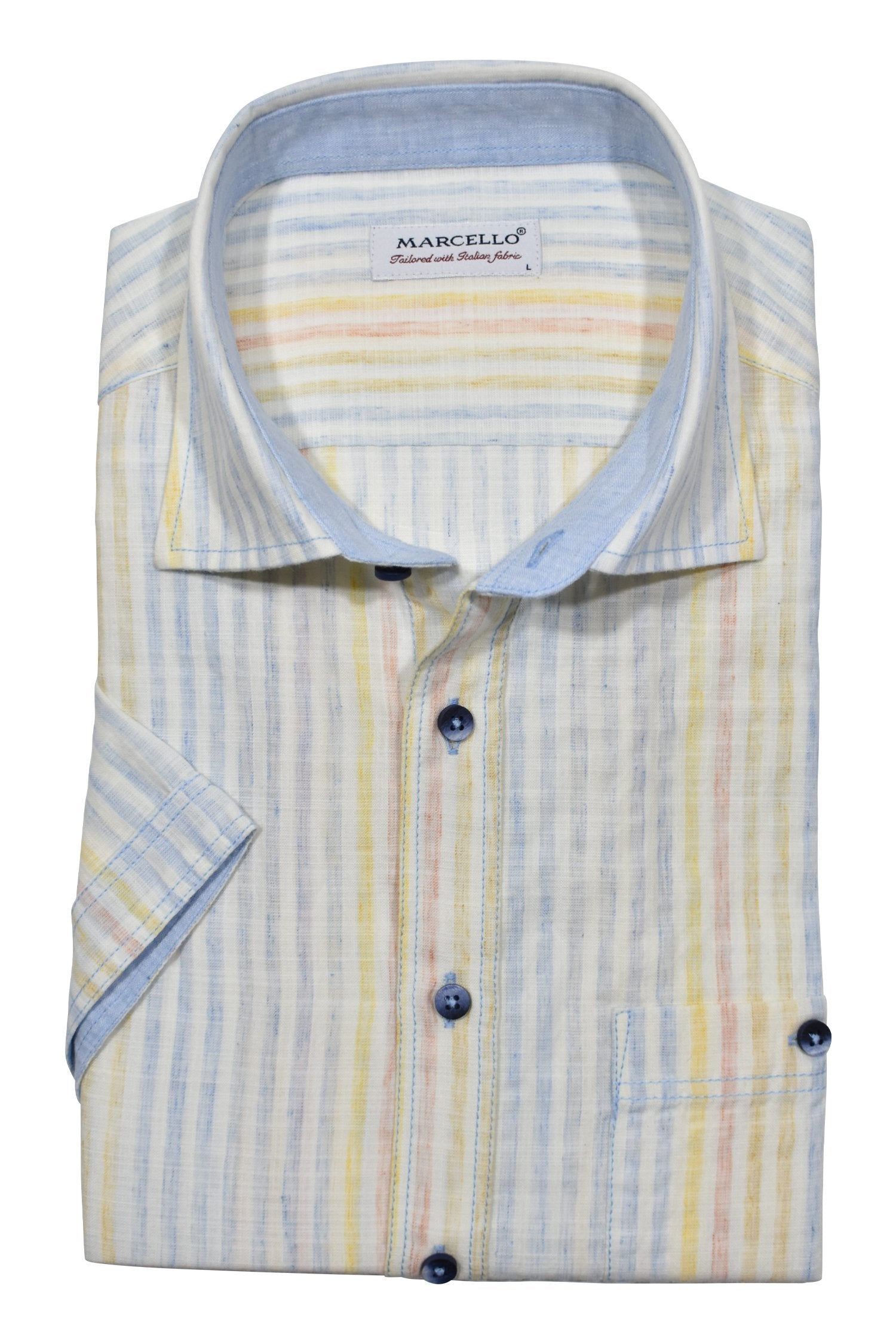 Introducing our Marcello Shaded Sun Stripe shirt, made with soft cotton blended fabric that mimics the look of textured linen without the downsides.