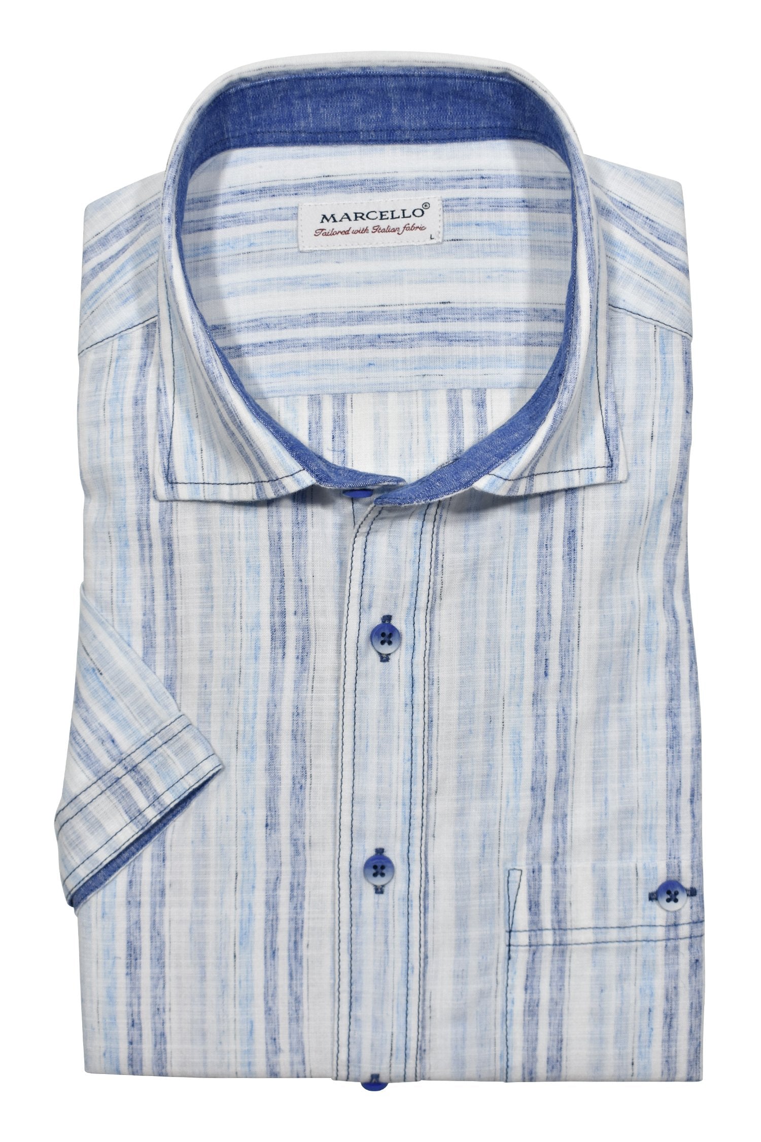 Introducing our Marcello Shaded Ocean Stripe shirt, made with soft cotton blended fabric that mimics the look of textured linen without the downsides.