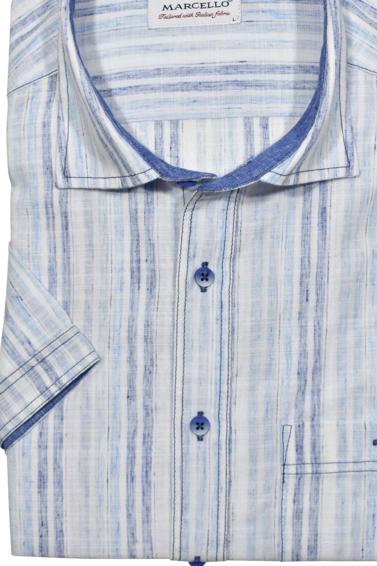 Introducing our Marcello Shaded Ocean Stripe shirt, made with soft cotton blended fabric that mimics the look of textured linen without the downsides.