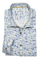 Soft textured, linen look cotton fabric sporting an abstract marine blue with hints of maize. Shirt by Marcello