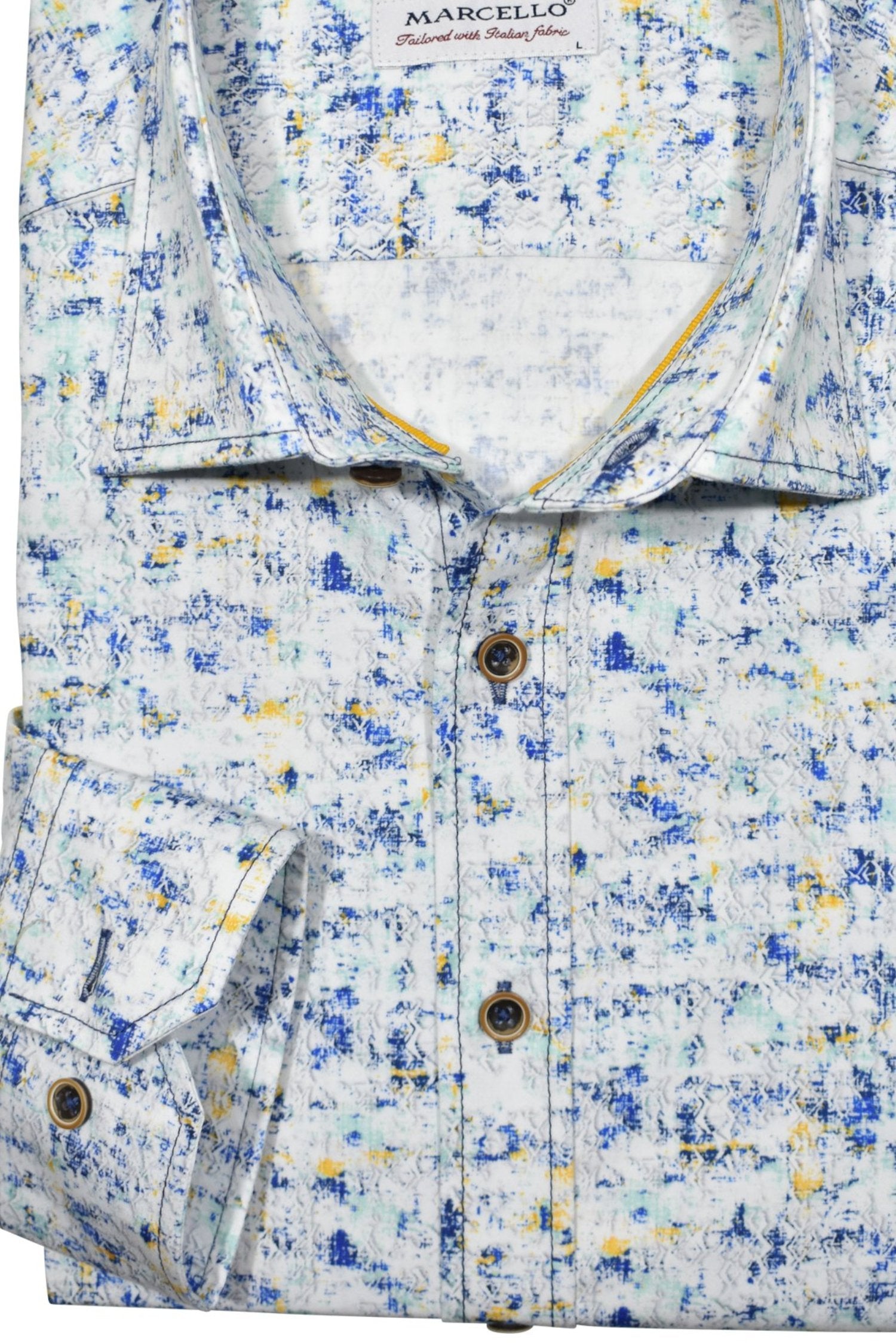 Soft textured, linen look cotton fabric sporting an abstract marine blue with hints of maize. Shirt by Marcello.