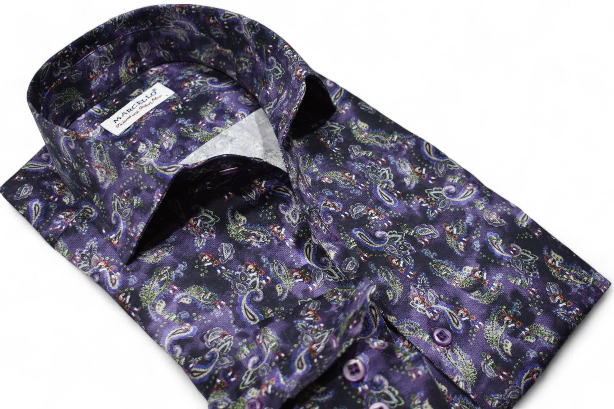 Feel confident and stylish in the Marcello Nebula Paisley Roll Collar.