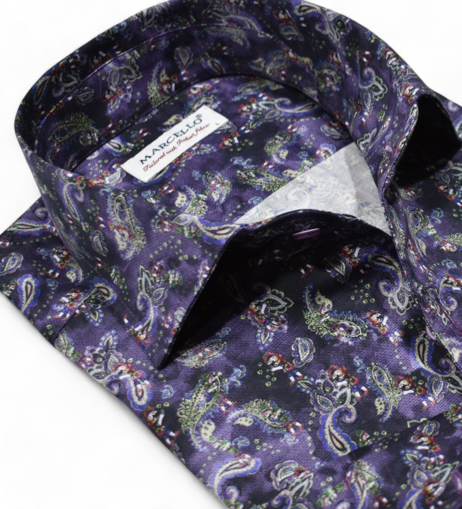 Feel confident and stylish in the Marcello Nebula Paisley Roll Collar.