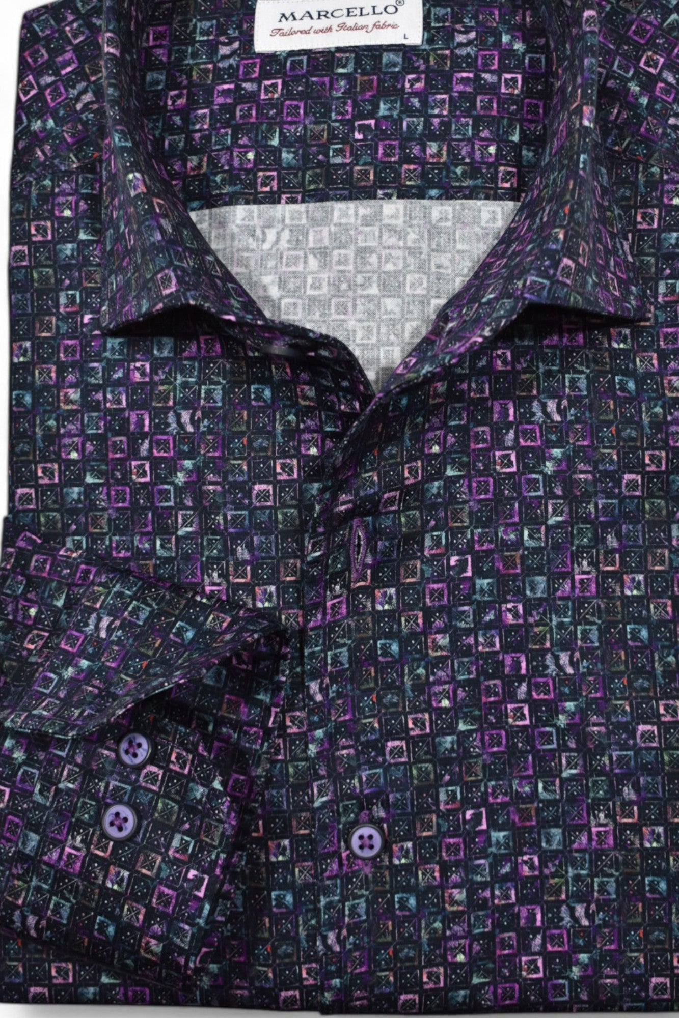 Brighten up your wardrobe with our Marcello Jewel Toned Boxes Roll Collar!