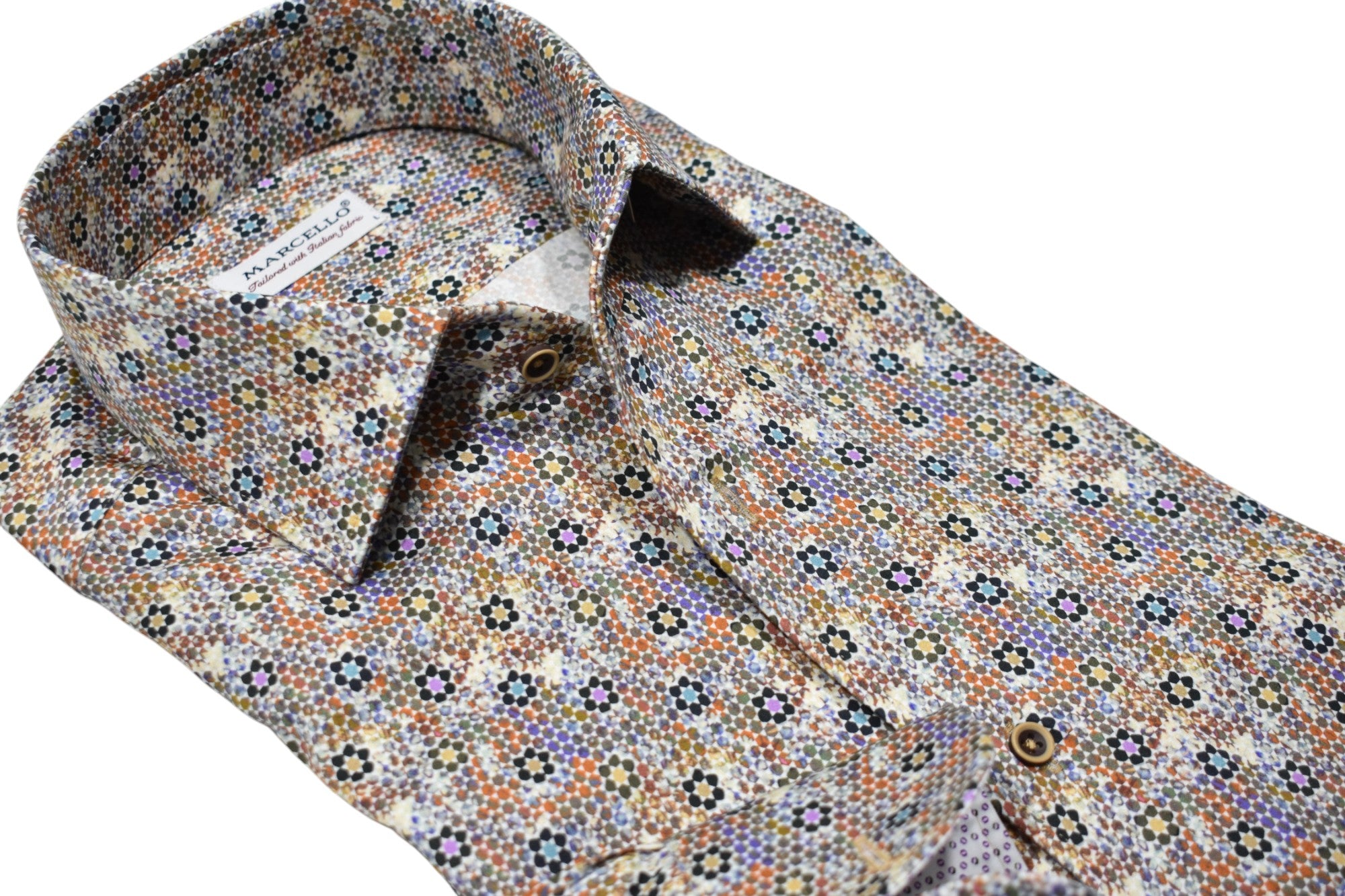 Unleash your vibrant and versatile style with our Marcello Carnivale Roll Collar Shirt!