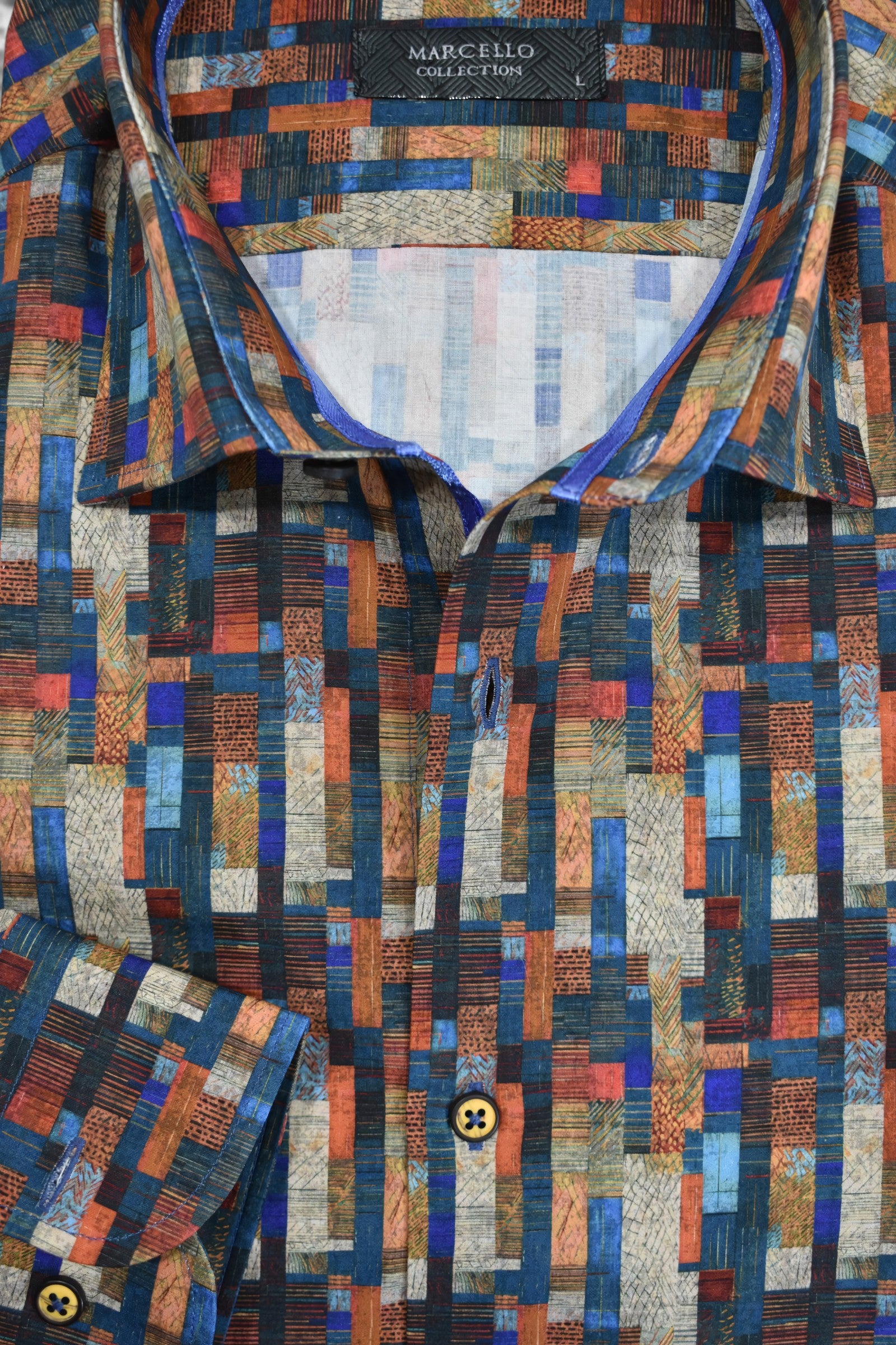Marcello tempe geometric shirts in rust and blue colors.
