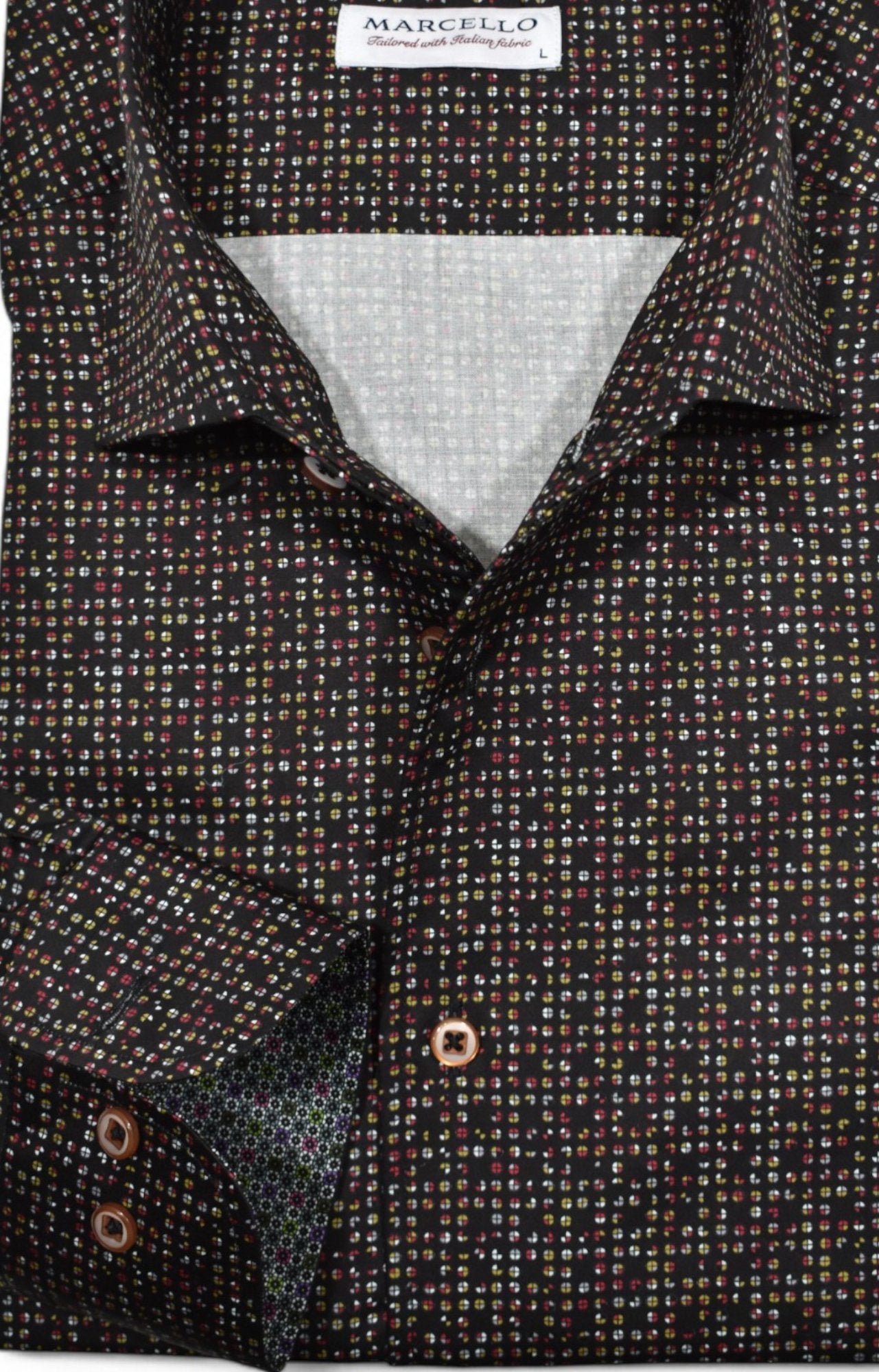 This Marcello black sport shirt will elevate your style with its rustic toned circle design and soft cotton sateen fabric.