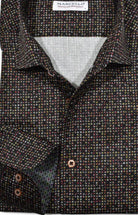 This Marcello black sport shirt will elevate your style with its rustic toned circle design and soft cotton sateen fabric.