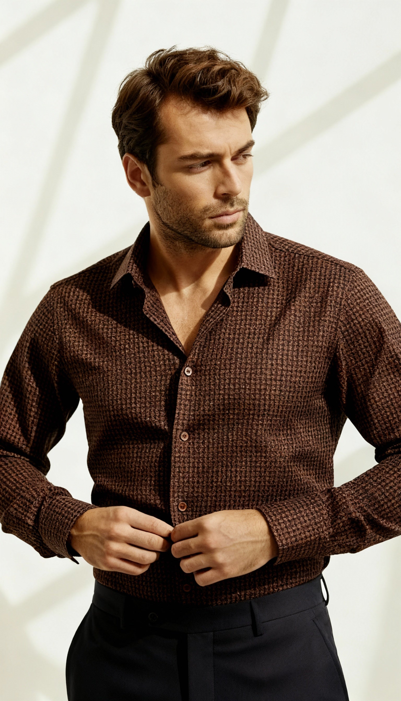 Marcello cotton one piece collar shirt in rust and black colors.