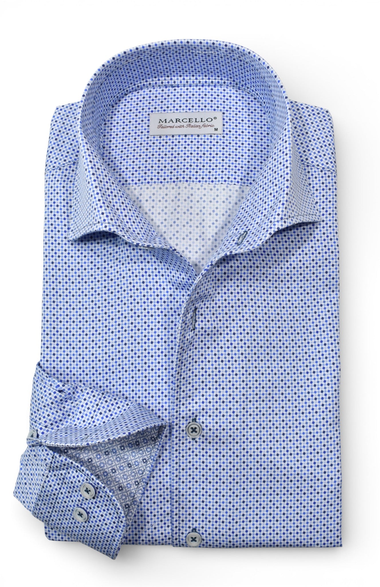 Marcello Delray blue dotted shirt.