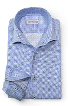 Marcello Delray blue dotted shirt.
