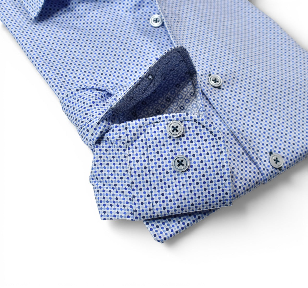 Marcello Delray blue dotted shirt.