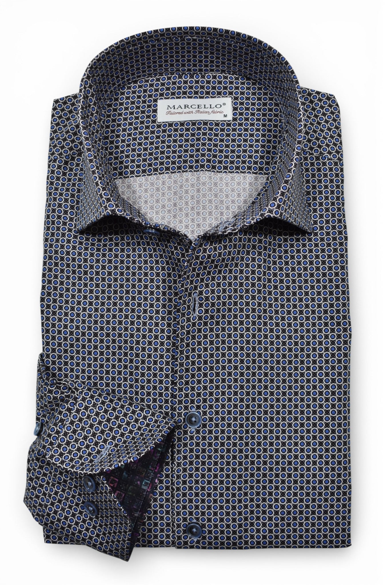 Marcello chocolate and navy medallion shirt.
