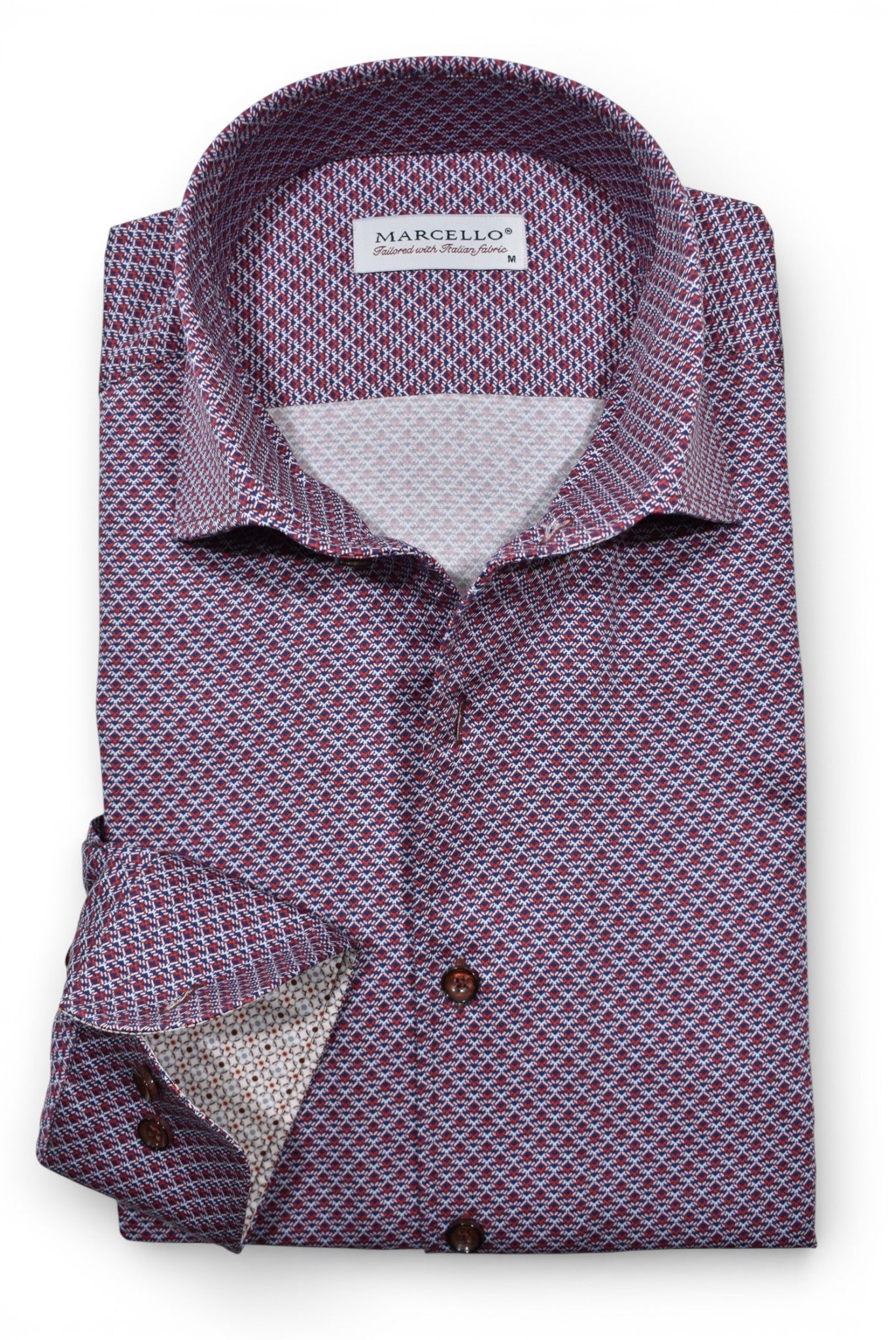 Marcello fine allover ruby and charcoal print shirt.