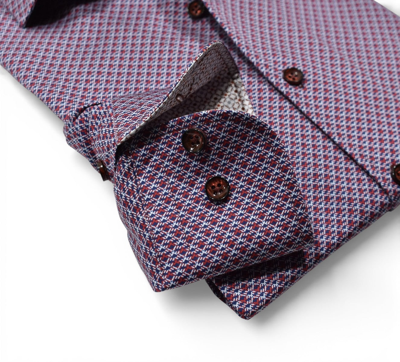 Marcello fine allover ruby and charcoal print shirt.