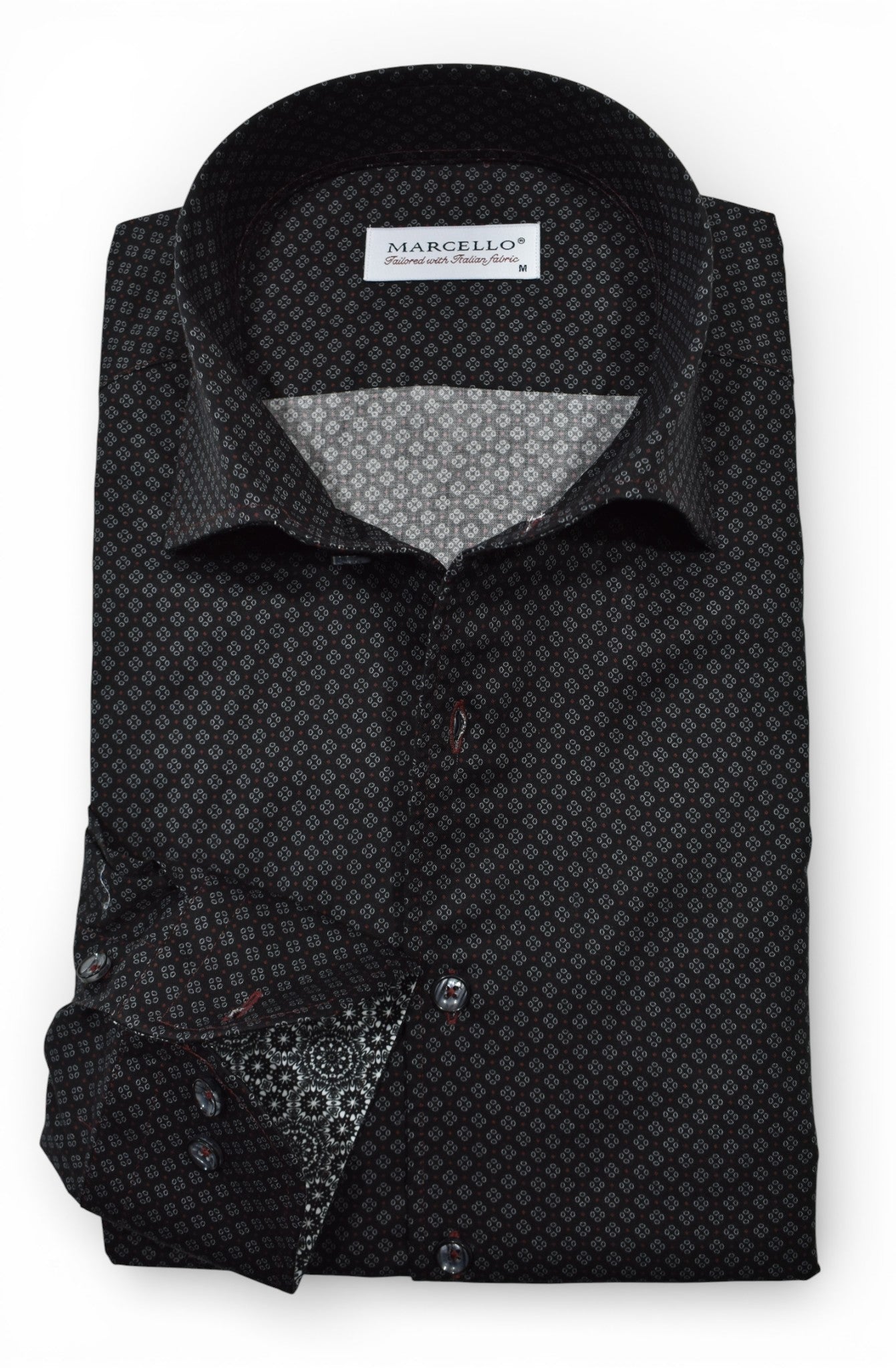 Marcello black with silver and wine pattern shirt.