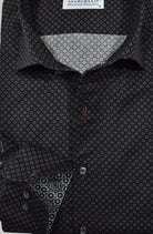 Marcello black with silver and wine pattern shirt.