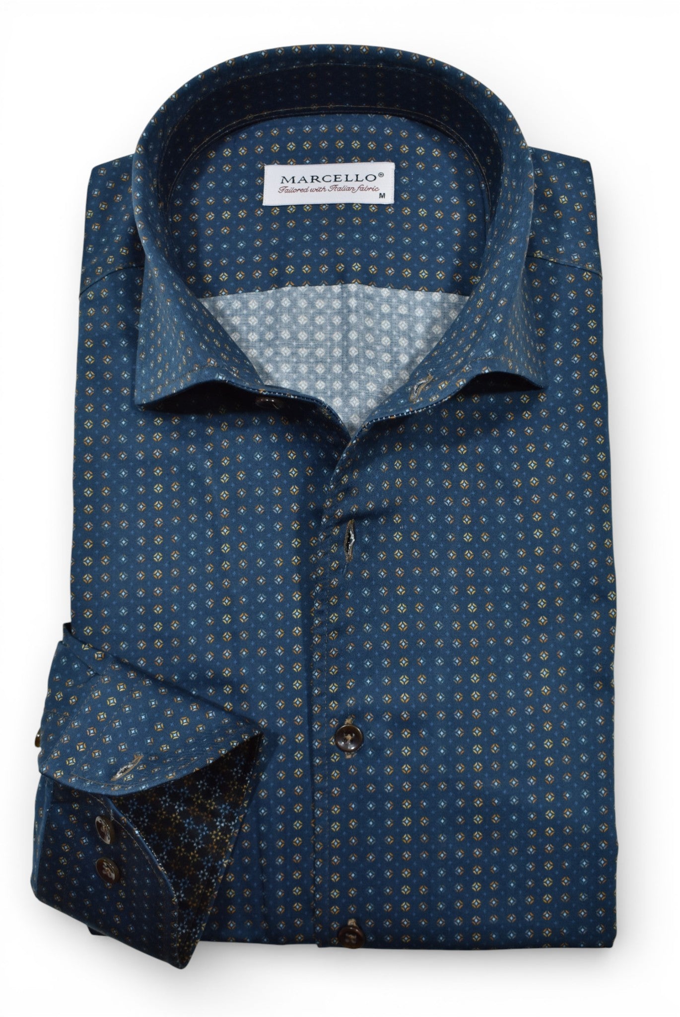 Marcello navy with small colored medallions shirt.