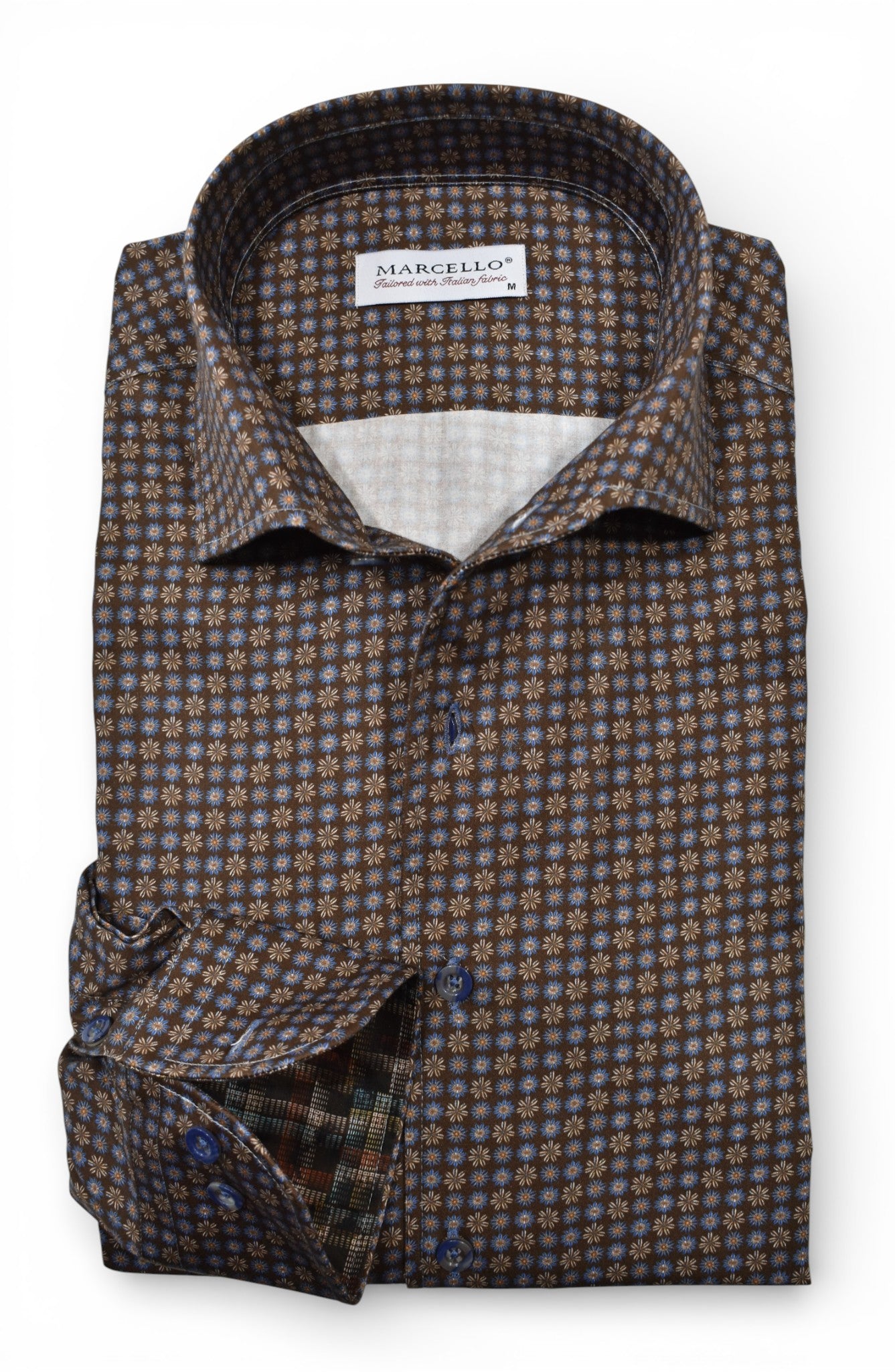 Marcello chocolate shirts with tan and blue medallions.