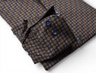 Marcello chocolate shirts with tan and blue medallions.