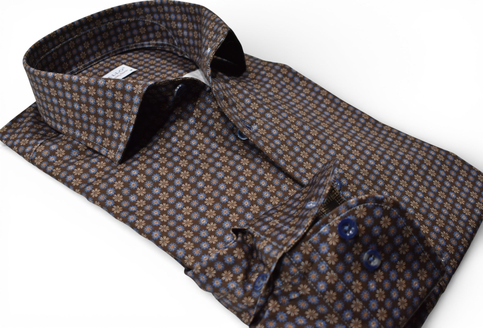 Marcello chocolate shirts with tan and blue medallions.