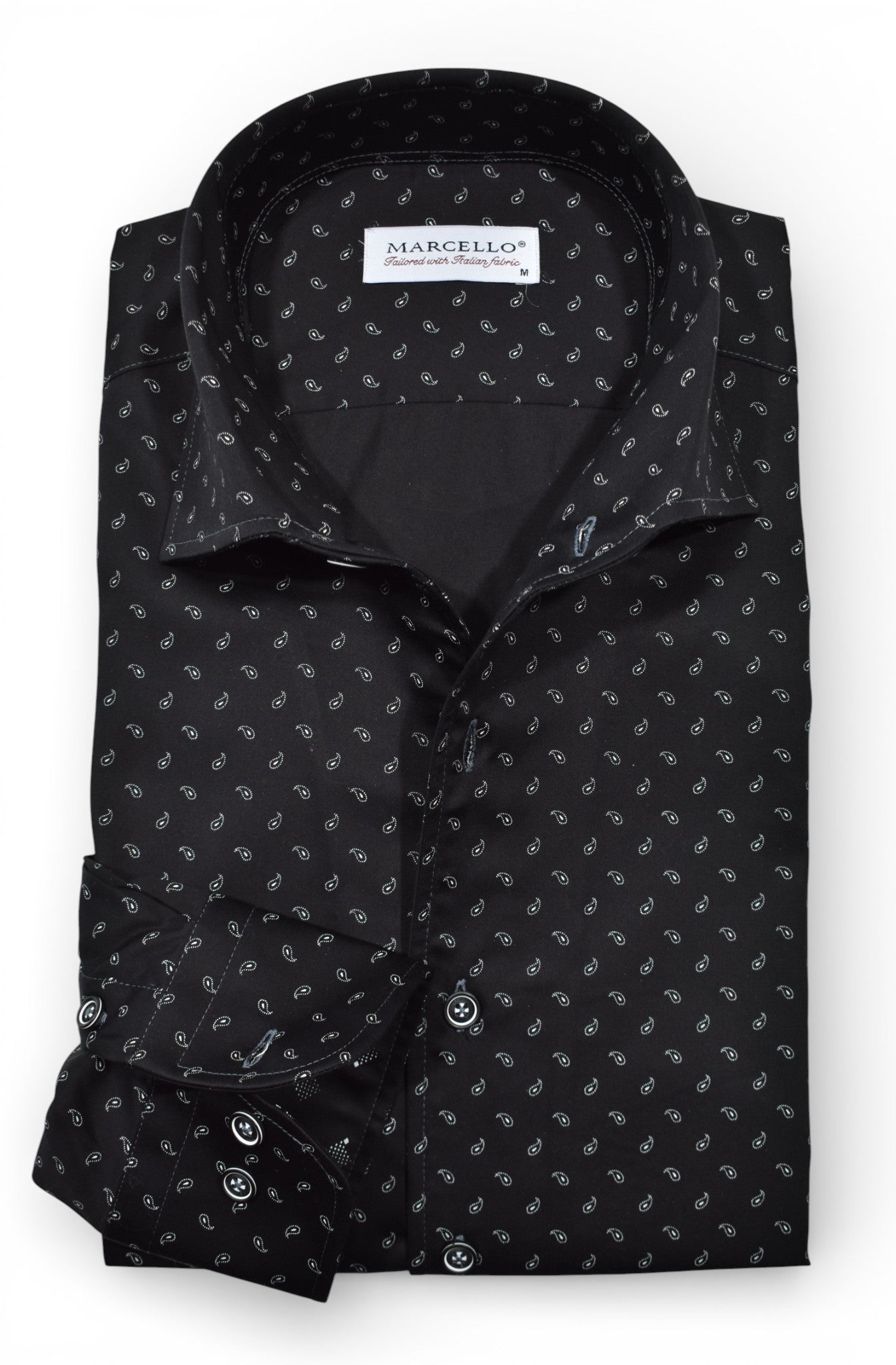 Marcello black shirt with white paisley.