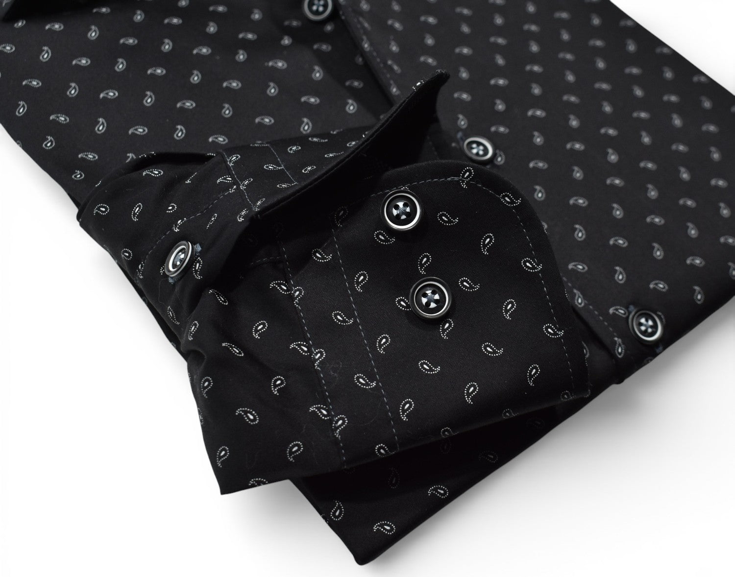 Marcello black shirt with white paisley.